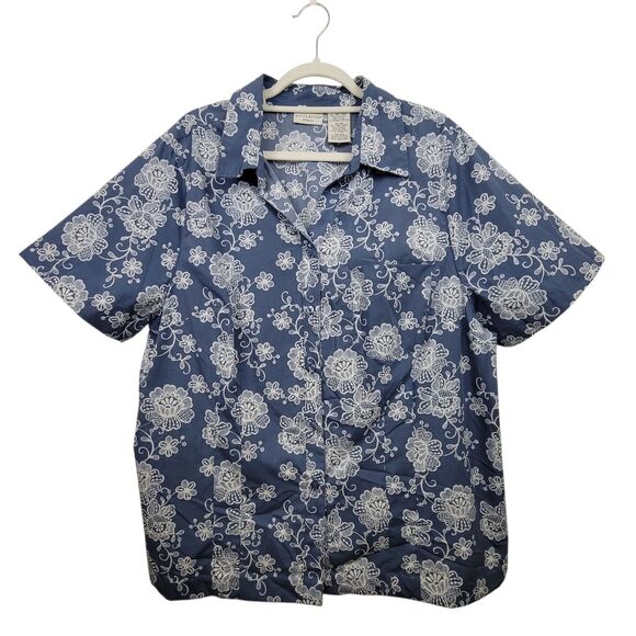 White Stag Blue & White Floral Button Up Shirt Wi/Altered Hem Sz 2X (18W-20W) - Picture 1 of 10